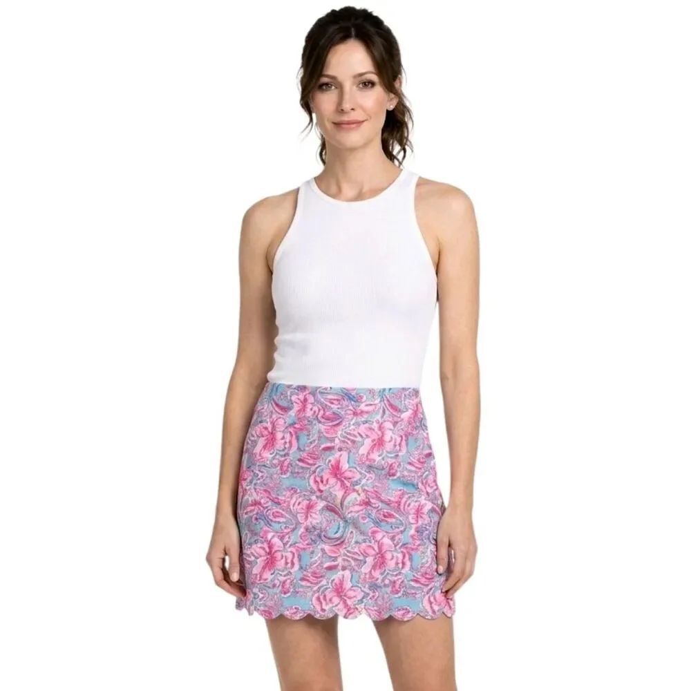 Stella Parker Pink & Blue Full Bloom Pattern Scalloped Hem Skort Size XL NWOT